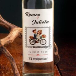 etichete personalizate sticle nunta cu miri pe motocicleta tema calatoriei, timbru.